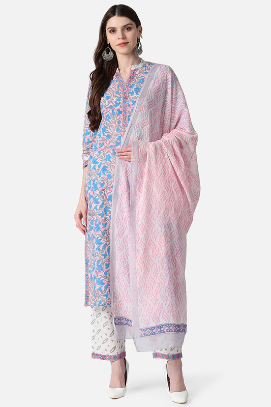 Ahika Women Cotton Pink Ethnic Motifs Printed Straight Kurta Pant Dupatta Set