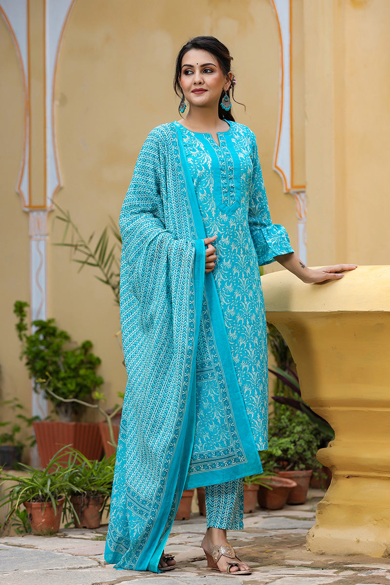 Ahika Women Blue & White Printed Pure Cotton Kurta with Trousers