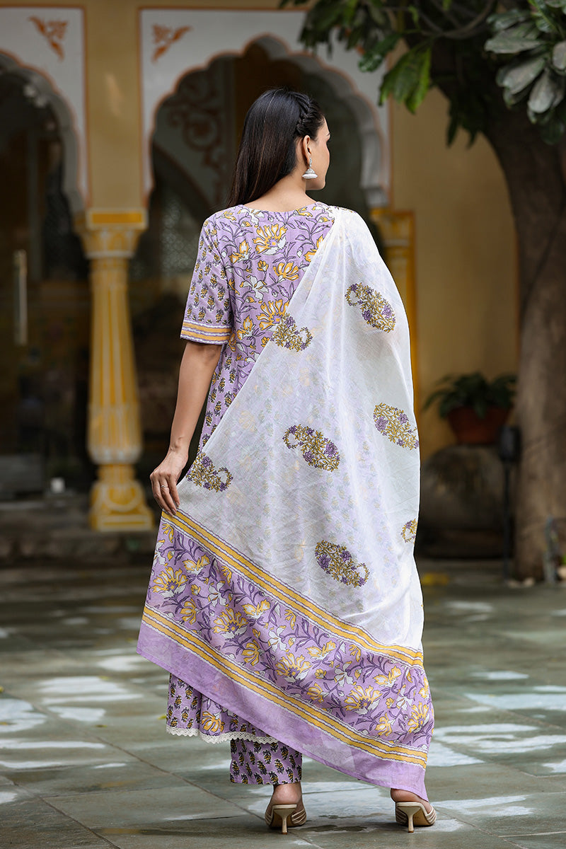 Ahika Women Cotton Purple Ethnic Motifs Printed Anarkali Kurta Pant Dupatta Set