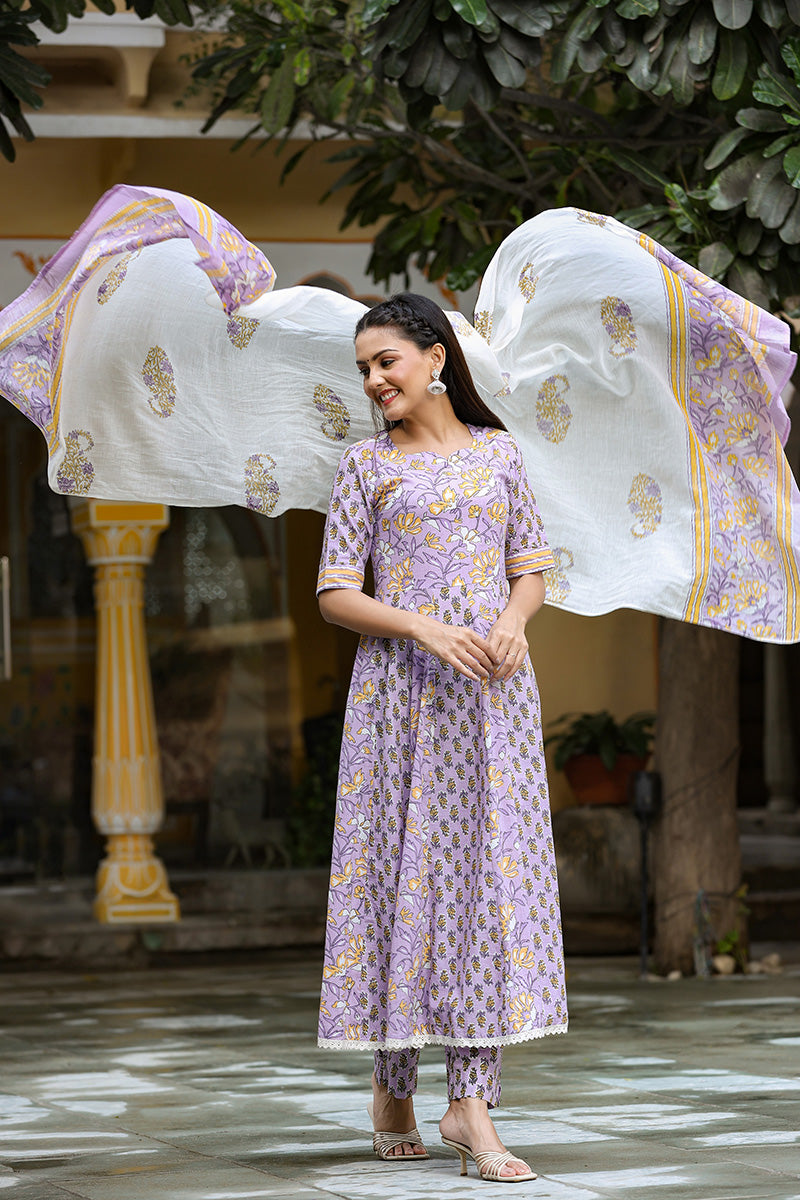Ahika Women Cotton Purple Ethnic Motifs Printed Anarkali Kurta Pant Dupatta Set