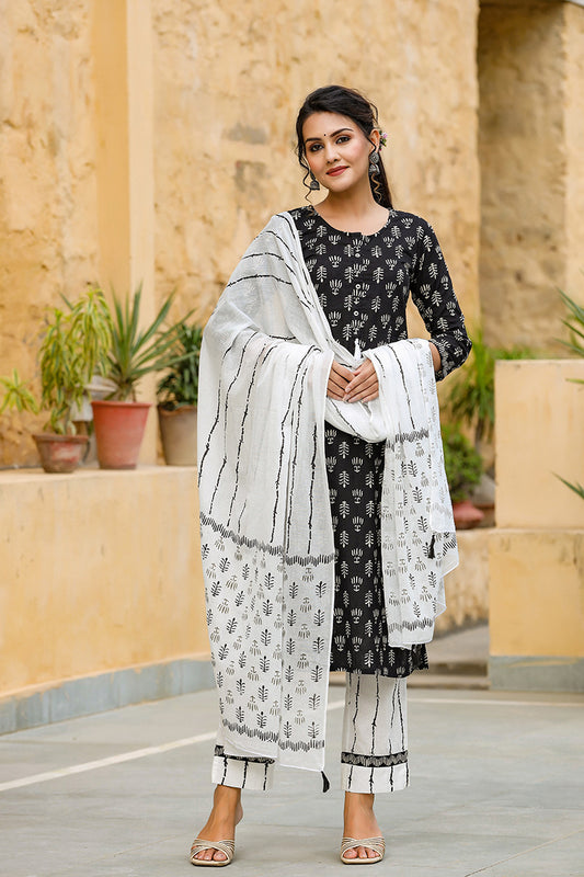 Ahika Women Cotton Black Ethnic Motifs Printed Straight Kurta Palazzo Dupatta Set