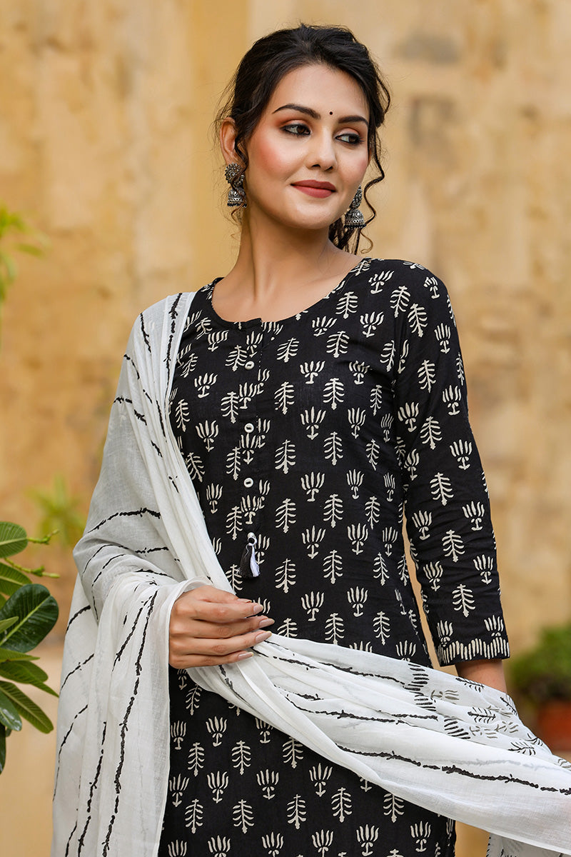 Ahika Women Cotton Black Ethnic Motifs Printed Straight Kurta Palazzo Dupatta Set