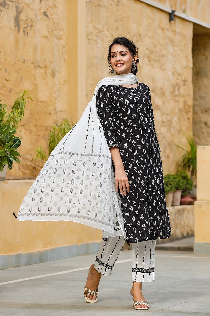 Ahika Women Cotton Black Ethnic Motifs Printed Straight Kurta Palazzo Dupatta Set