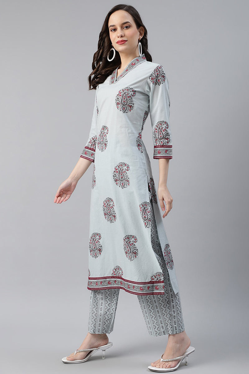 Cotton Grey Paisley Printed Straight Kurta Palazzo Dupatta Set VKSKD1104