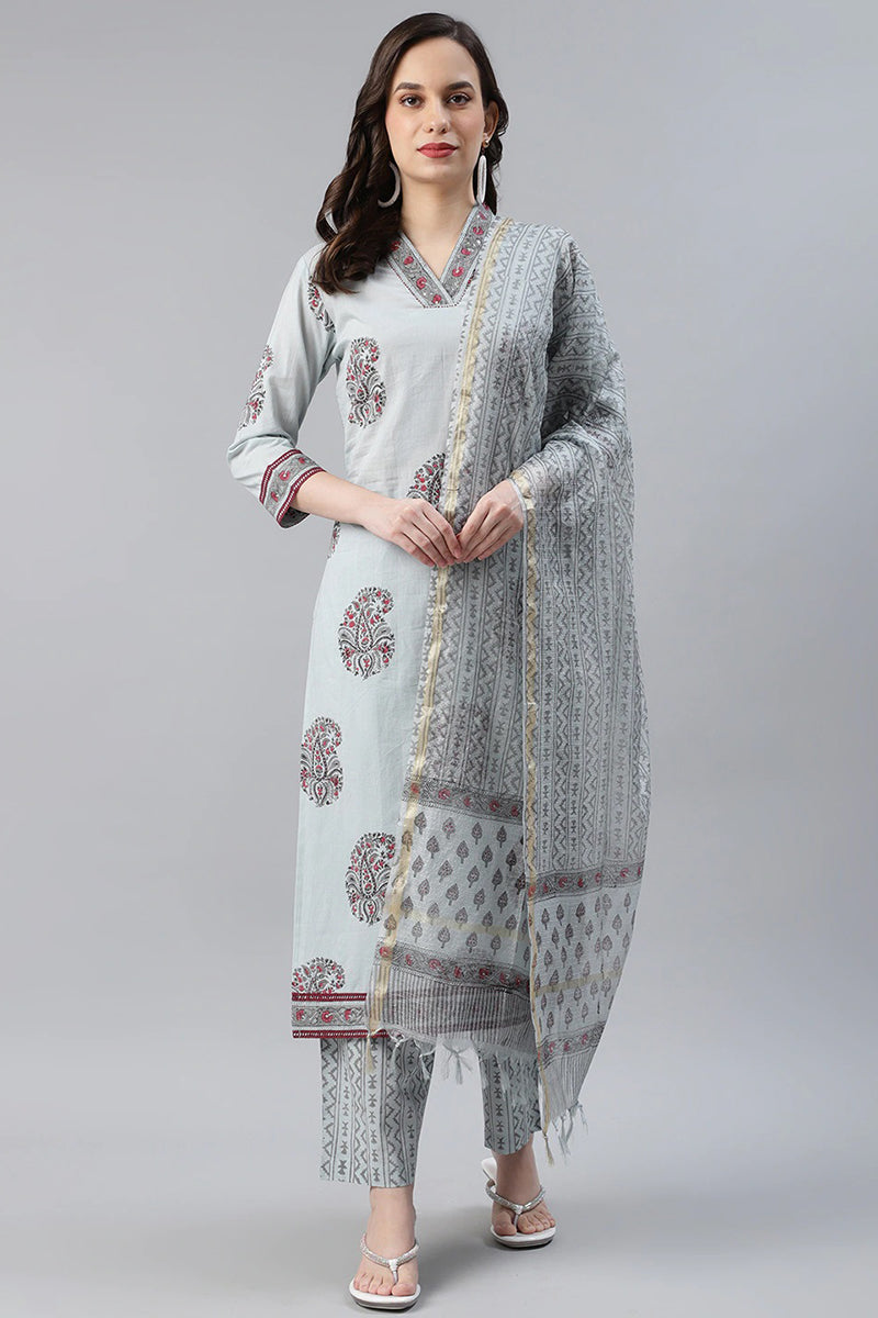 Cotton Grey Paisley Printed Straight Kurta Palazzo Dupatta Set VKSKD1104