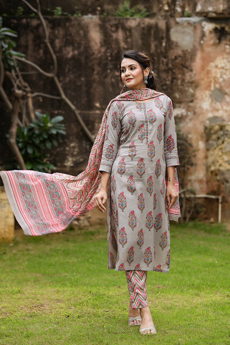 Floral Printed V-Neck Puff Sleeves Pure Cotton Kurta with Trousers – Yufta  Store