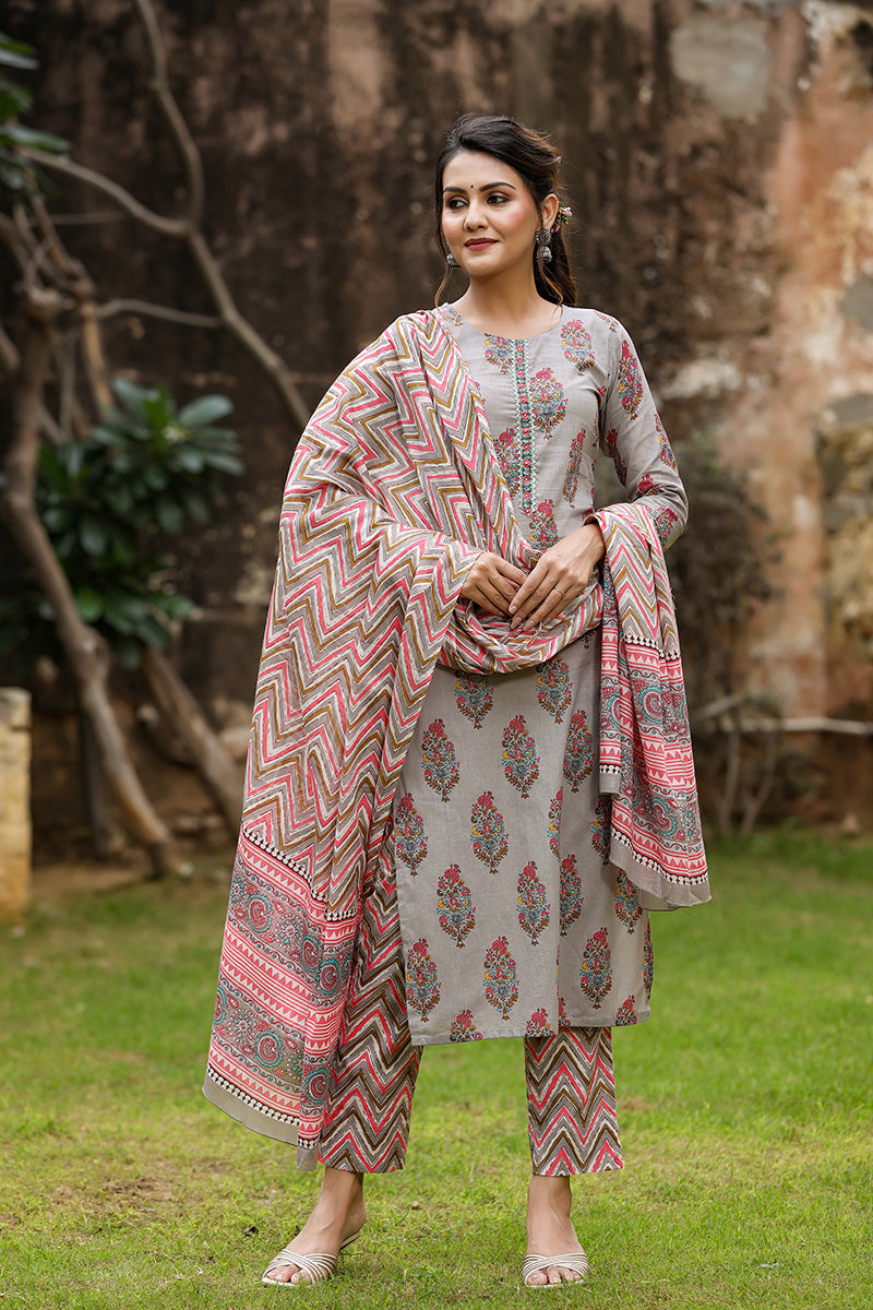 Ahika Women Cotton Grey Ethnic Motifs Printed Straight Kurta Trousers And Dupatta Set 