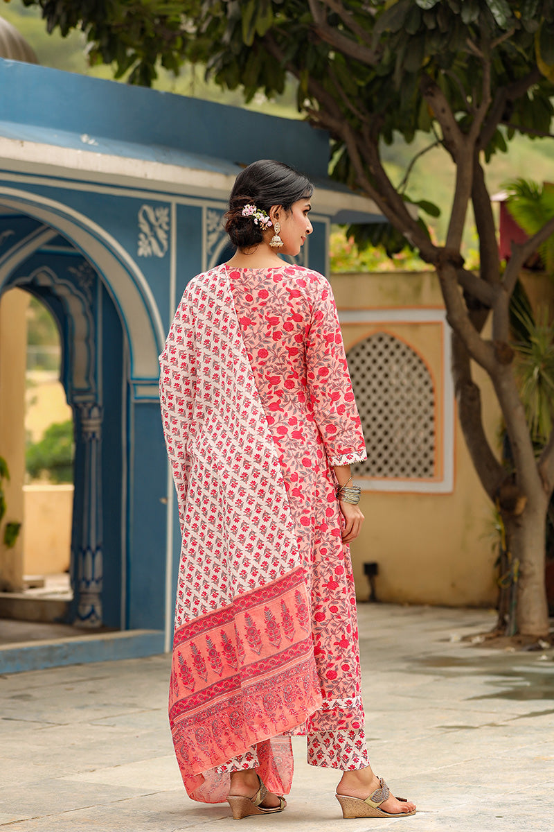 Ahika Women Cotton Pink Ethnic Motifs Printed Anarkali Kurta Trousers And Dupatta Set 