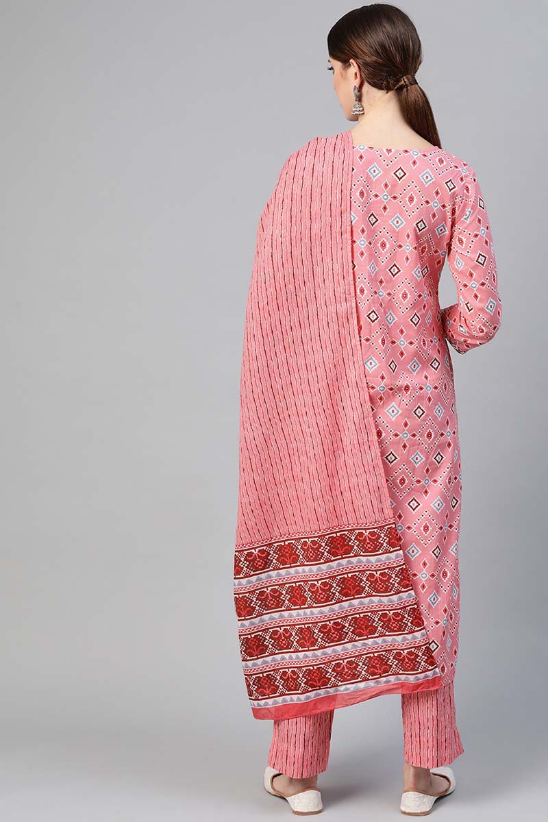 Ahika Women Cotton Pink Geometric Printed Straight Kurta Pant Dupatta Set 