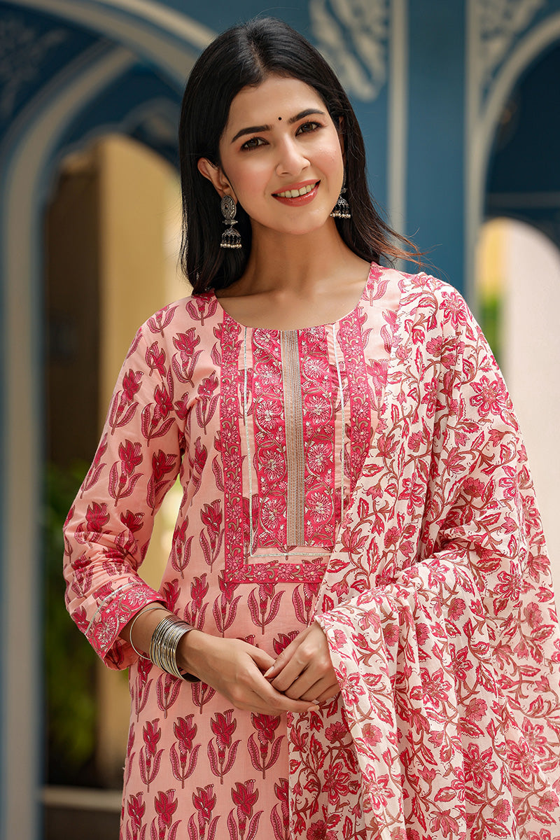 Ahika Women Cotton Pink Floral Printed Straight Kurta Pant Dupatta Set 