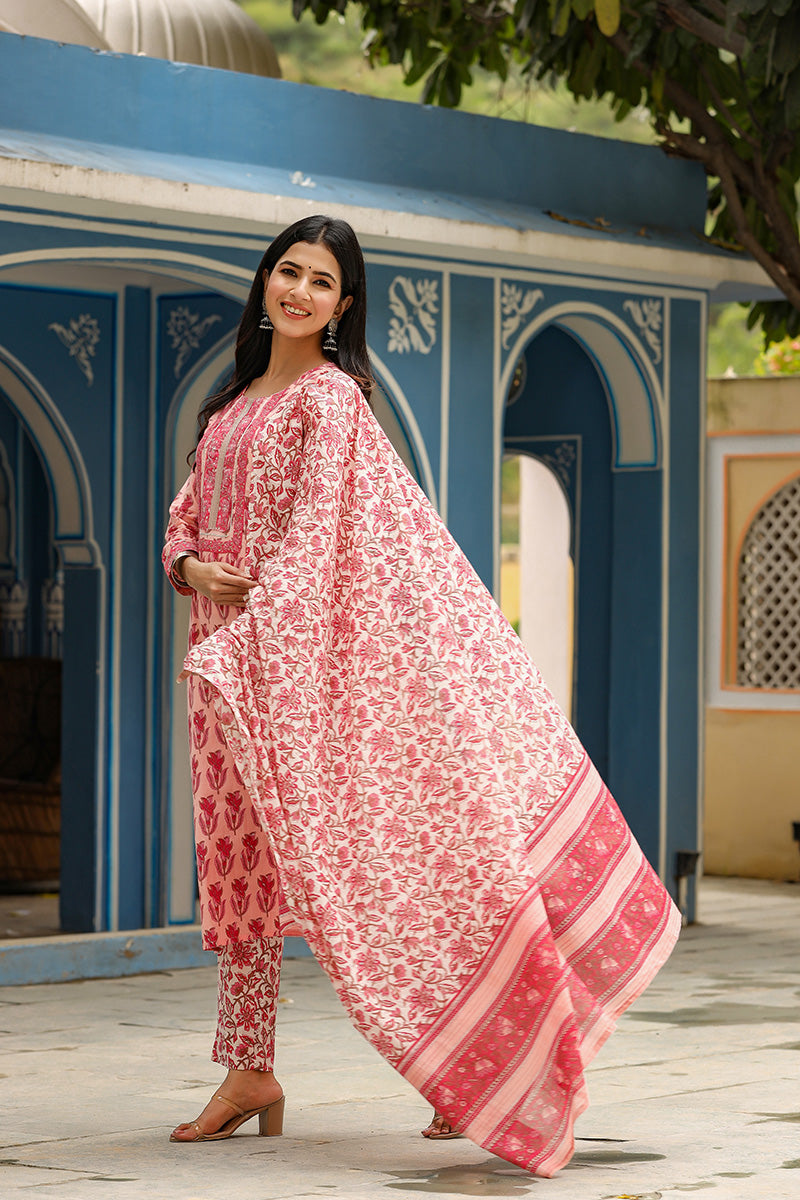 Ahika Women Cotton Pink Floral Printed Straight Kurta Pant Dupatta Set 