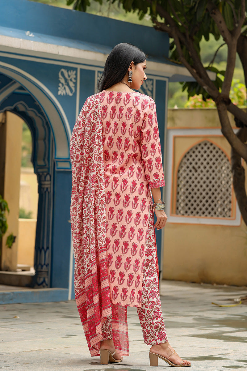 Ahika Women Cotton Pink Floral Printed Straight Kurta Pant Dupatta Set 