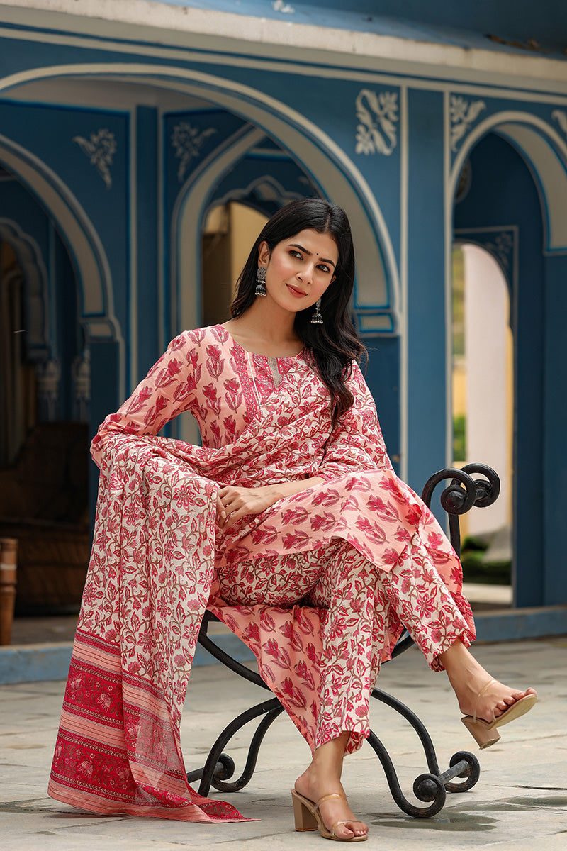 Ahika Women Cotton Pink Floral Printed Straight Kurta Pant Dupatta Set 