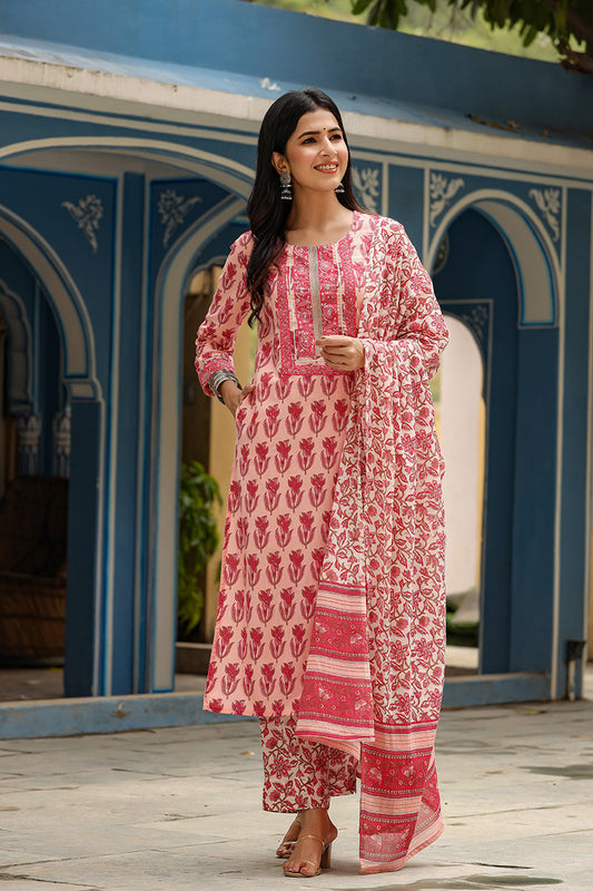 Ahika Women Cotton Pink Floral Printed Straight Kurta Pant Dupatta Set 