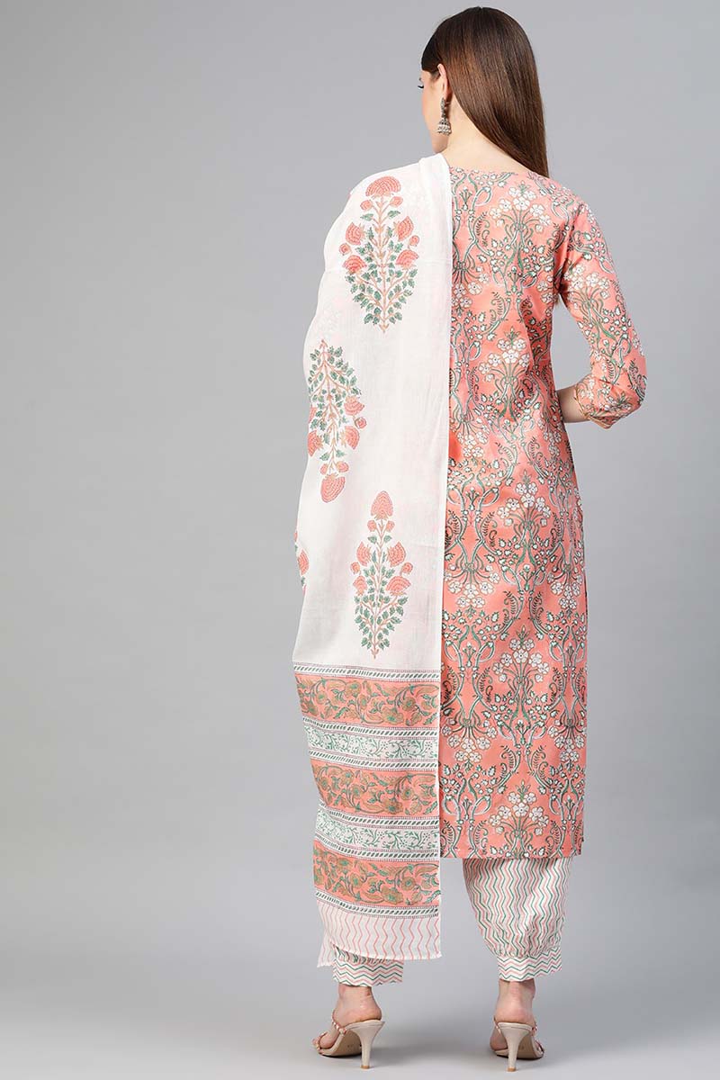 Ahika Women Cotton Peach Ethnic Motifs Printed Straight Kurta Pant Dupatta Set 