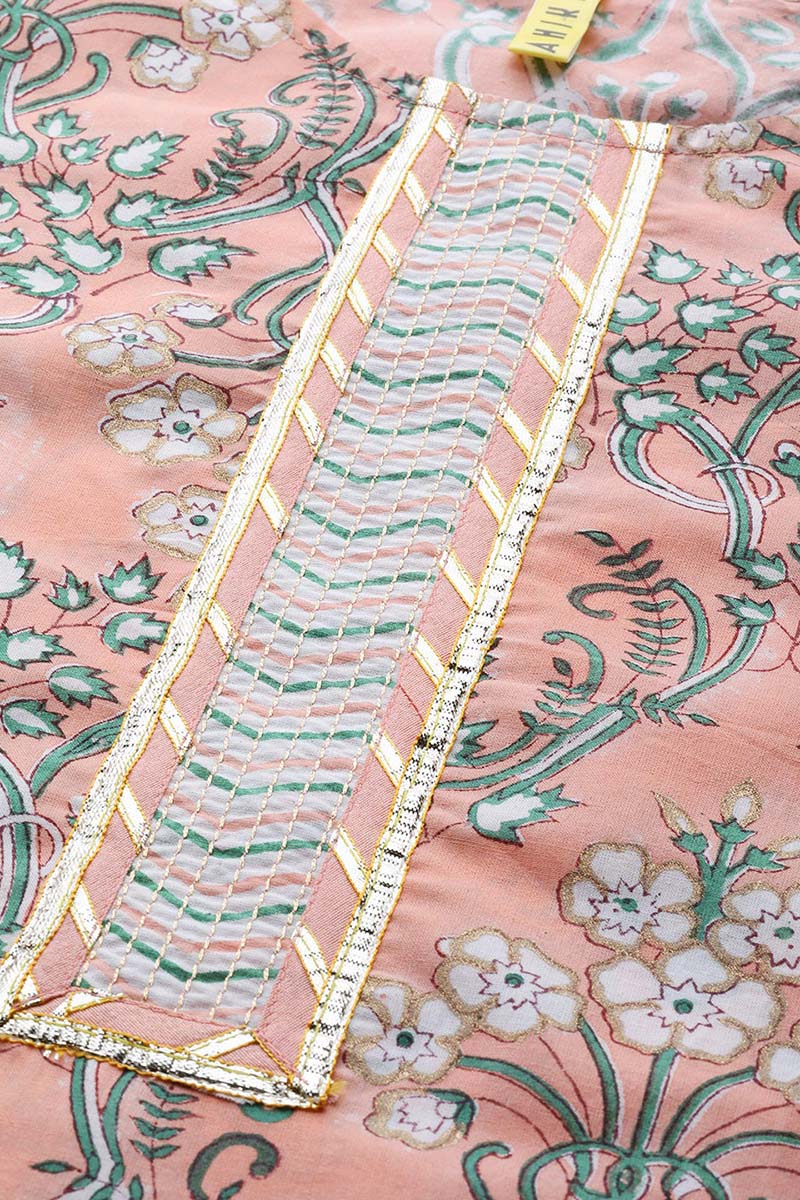 Ahika Women Cotton Peach Ethnic Motifs Printed Straight Kurta Pant Dupatta Set 