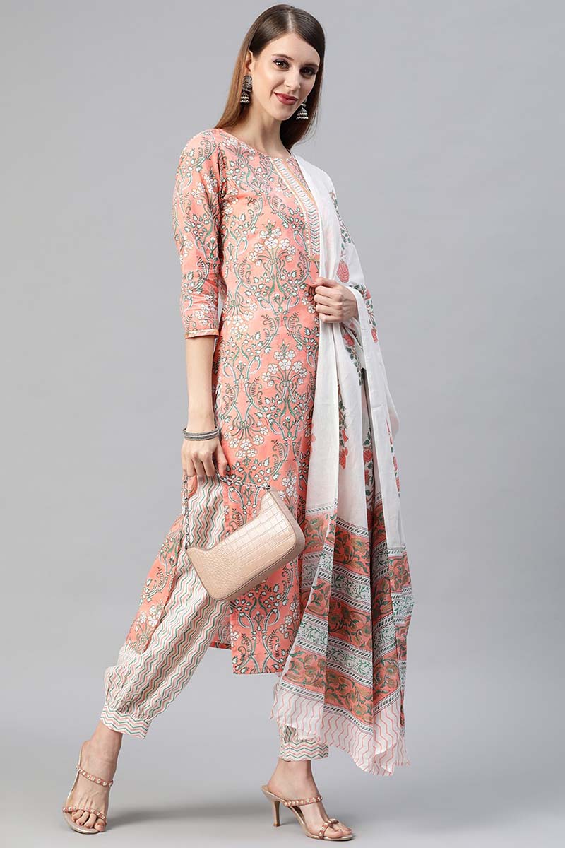 Ahika Women Cotton Peach Ethnic Motifs Printed Straight Kurta Pant Dupatta Set 