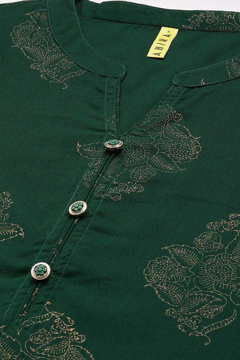 Ahika Women Cotton Green Ethnic Motifs Printed Straight Kurta Pant Dupatta Set 