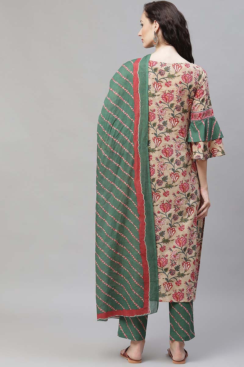 AHIKA Women Beige Floral Printed Regular Pure Cotton Kurta with Palazzos With Dupatta 