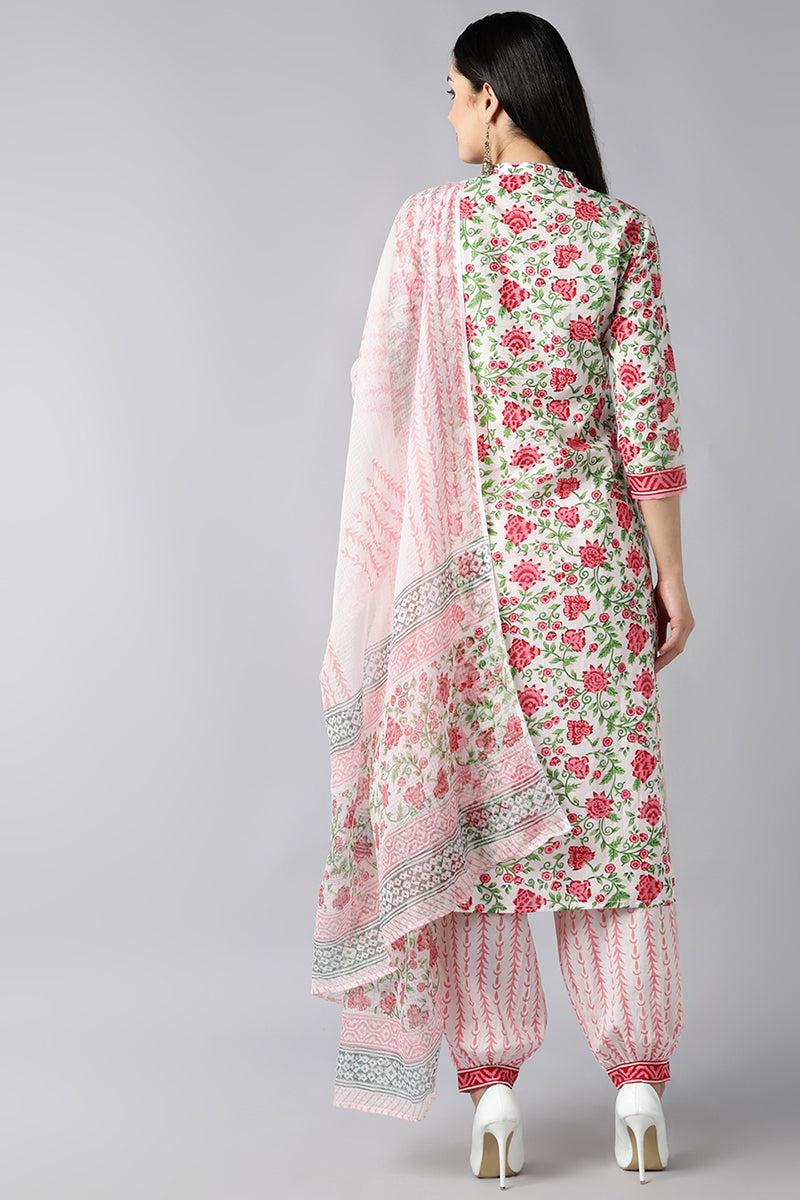 AHIKA Women White Pink Ethnic Printed Pure Cotton Kurta with Salwar With Dupatta