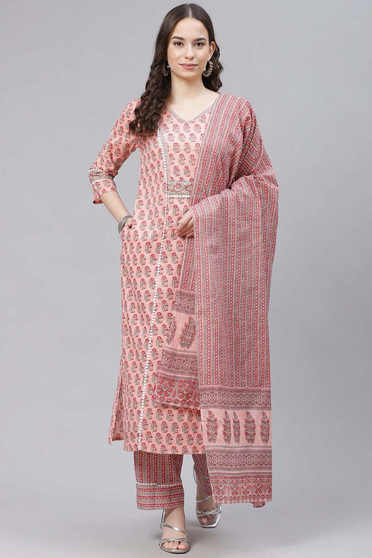 Peach Cotton Straight Suit Set VKSKD1234